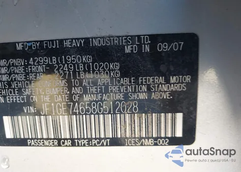 2008 Subaru Impreza Wrx z USA, uszkodzony, nr VIN JF1GE74658G512028